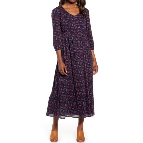 Caslon, Navy Floral Maxi Dress, Cotton Blend, Button Front, Boho Cottagecore - Picture 1 of 15